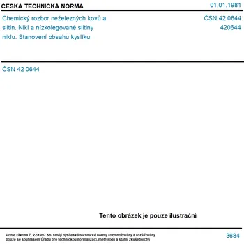 ČSN 42 0644 - Chemický rozbor neželezných kovů a slitin. Nikl a nízkolegované slitiny niklu. Stanovení obsahu kyslíku - Tisk