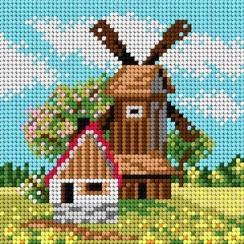 Textilie Předloha vyšívací Mlýn na jaře 15x15cm (Gobelínové plátno (stramín) s natištěným obrázkem s motivem Mlýn na jaře. Kreativní předloha od výrobce Orchidea. Bavlněná vyšívací předloha s rozměry 15 x 15 cm.)