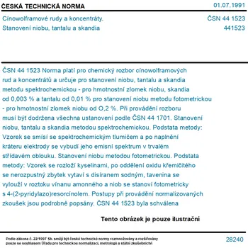 ČSN 44 1523 - Cínowolframové rudy a koncentráty. Stanovení niobu, tantalu a skandia - Tisk