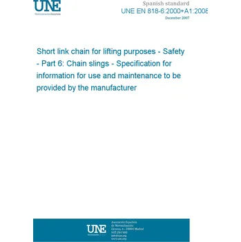 Cizojazyčná kniha UNE EN 818-6:2000+A1:2008 Short link chain for lifting purposes - Safety - Part 6: Chain slings - Specification for information for use and maintenance to be provided by the manufacturer Španělsky PDF