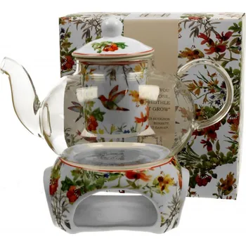 Filtrační konvice DUO Gifts DG - Skleněná konvice s ohřívačem na čajovou svíčku LINNEA, Ptáček Kolibřík v dárkové krabičce - 1000 ml