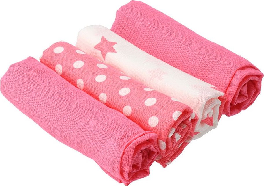 Látkové bavlněné pleny New Baby Softy s potiskem 70 x 70 cm 4 ks růžovo-bílé
