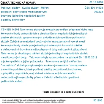 ČSN EN 14508 - Poštovní služby - Kvalita služby - Měření přepravní doby služeb mezi koncovými body pro jednotlivé neprioritní zásilky a zásilky druhé třídy - Tisk