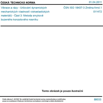 ČSN ISO 18437-3 Změna Amd.1 - Vibrace a rázy - Určování dynamických mechanických vlastností viskoelastických materiálů - Část 3: Metoda smykově buzeného konzolového nosníku - Tisk