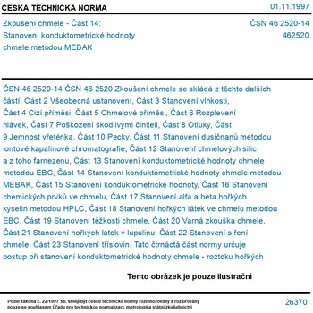 ČSN 46 2520-14 - Zkoušení chmele - Část 14: Stanovení konduktometrické hodnoty chmele metodou MEBAK - Tisk
