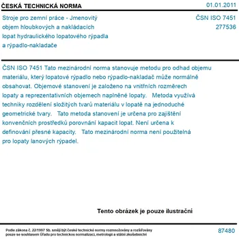 ČSN ISO 7451 - Stroje pro zemní práce - Jmenovitý objem hloubkových a nakládacích lopat hydraulického lopatového rýpadla a rýpadlo-nakladače - Tisk