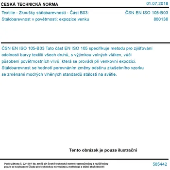 ČSN EN ISO 105-B03 - Textilie - Zkoušky stálobarevnosti - Část B03: Stálobarevnost v povětrnosti: expozice venku - Tisk
