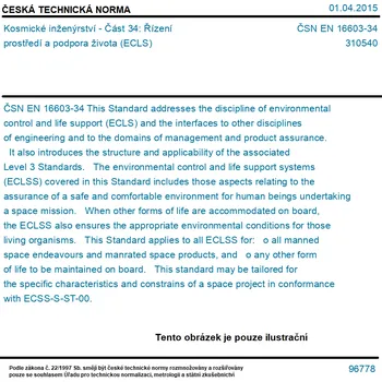 ČSN EN 16603-34 - Kosmické inženýrství - Část 34: Řízení prostředí a podpora života (ECLS) - Tisk