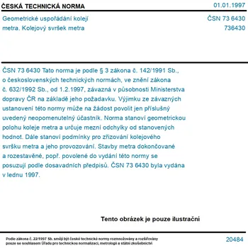 ČSN 73 6430 - Geometrické uspořádání kolejí metra. Kolejový svršek metra - Tisk