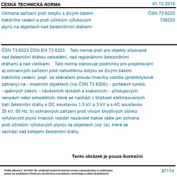 ČSN 73 6223 - Ochrana zařízení proti dotyku s živými částmi trakčního vedení a proti účinkům výfukových plynů na objektech nad železničními dráhami - Tisk