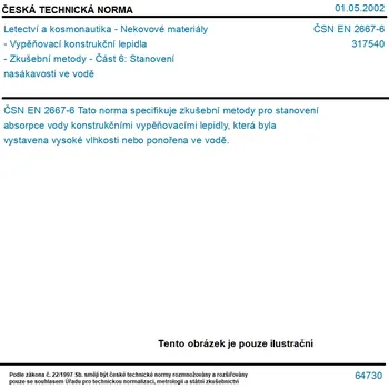 ČSN EN 2667-6 - Letectví a kosmonautika - Nekovové materiály - Vypěňovací konstrukční lepidla - Zkušební metody - Část 6: Stanovení nasákavosti ve vodě - Tisk