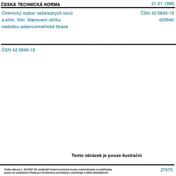 ČSN 42 0640-15 - Chemický rozbor neželezných kovů a slitin. Nikl. Stanovení uhlíku metodou potenciometrické titrace - Tisk
