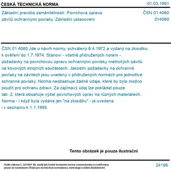 ČSN 01 4060 - Základní pravidla zaměnitelnosti. Povrchová úprava závitů ochrannými povlaky. Základní ustanovení - Tisk