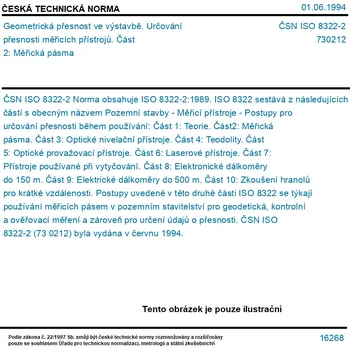 ČSN ISO 8322-2 - Geometrická přesnost ve výstavbě. Určování přesnosti měřicích přístrojů. Část 2: Měřická pásma - Tisk