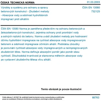 ČSN EN 13580 - Výrobky a systémy pro ochranu a opravy betonových konstrukcí - Zkušební metody - Absorpce vody a odolnost hydrofobních impregnací proti alkáliím - Tisk