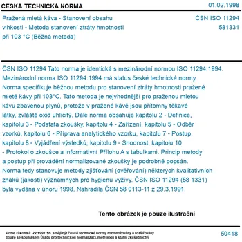 Káva ČSN ISO 11294 - Pražená mletá káva - Stanovení obsahu vlhkosti - Metoda stanovení ztráty hmotnosti při 103 °C (Běžná metoda) - Tisk