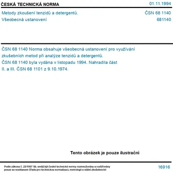 ČSN 68 1140 - Metody zkoušení tenzidů a detergentů. Všeobecná ustanovení - Tisk