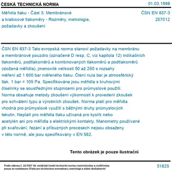 Čerpadlo ČSN EN 837-3 - Měřidla tlaku - Část 3: Membránové a krabicové tlakoměry - Rozměry, metrologie, požadavky a zkoušení - Tisk