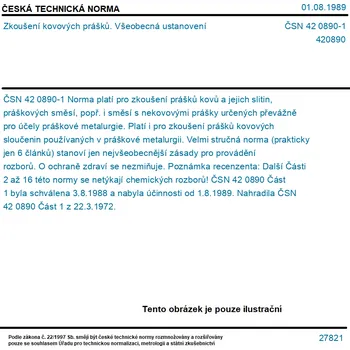 ČSN 42 0890-1 - Zkoušení kovových prášků. Všeobecná ustanovení - Tisk