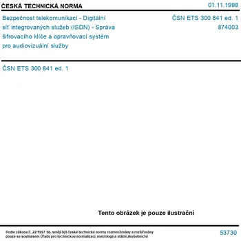 ČSN ETS 300 841 ed. 1 - Bezpečnost telekomunikací - Digitální síť integrovaných služeb (ISDN) - Správa šifrovacího klíče a opravňovací systém pro audiovizuální služby - Tisk