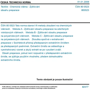 ČSN 80 0523 - Textilie - Chemická vlákna - Zjišťování obsahu preparace - Tisk