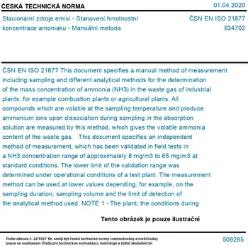 ČSN EN ISO 21877 - Stacionární zdroje emisí - Stanovení hmotnostní koncentrace amoniaku - Manuální metoda - Tisk