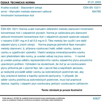 ČSN EN 13211 - Kvalita ovzduší - Stacionární zdroje emisí - Manuální metoda stanovení celkové hmotnostní koncentrace rtuti - Tisk