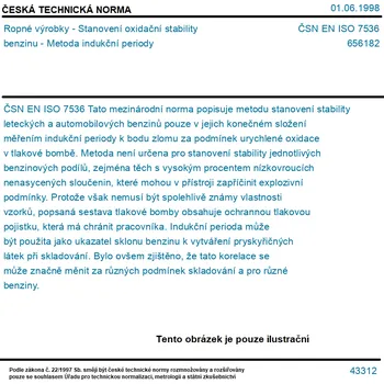 ČSN EN ISO 7536 - Ropné výrobky - Stanovení oxidační stability benzinu - Metoda indukční periody - Tisk