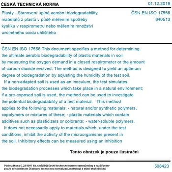 ČSN EN ISO 17556 - Plasty - Stanovení úplné aerobní biodegradability materiálů z plastů v půdě měřením spotřeby kyslíku v respirometru nebo měřením množství uvolněného oxidu uhličitého - Tisk