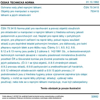 ČSN 75 3415 - Ochrana vody před ropnými látkami. Objekty pro manipulaci s ropnými látkami a jejich skladování - Tisk