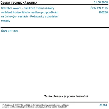 Dveřní kování ČSN EN 1125 - Stavební kování - Panikové dveřní uzávěry ovládané horizontálním madlem pro používání na únikových cestách - Požadavky a zkušební metody - Tisk