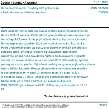 ČSN 03 8530 - Ochrana proti korozi. Elektrolytické pokovování v Hullově vaničce. Metoda zkoušení - Tisk