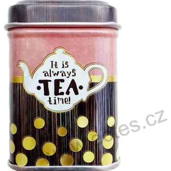 Dóza na potraviny ALWAYS TEA plechová dóza 7422 růžovohnědá s bílou konvičkou a zlatými puntíky