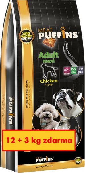 PUFFINS ADULT MAXI superpremiové krmivo pro psy s masovou náplní 12+3kg zdarma