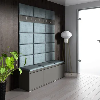 Předsíňová stěna Eka Předsíňová stěna s čalouněnými panely Trinity 6 - Grafit / Světlá modrá 2322