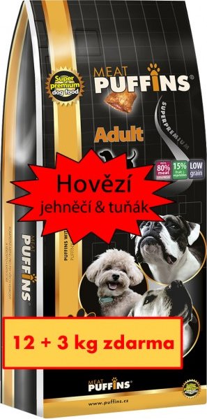 Puffins Adult Beef s masovou náplní 12+3kg zdarma
