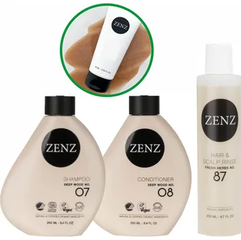 Šampon Zenz Organic ZENZ NO.07 Deep wood shampoo 250 ml + ZENZ NO.08 Deep wood conditioner 250 ml + ZEZ NO.87 Hair rinse & treatment fresh herbs 200 ml + Cestovní balení&nbsp;ZENZ
