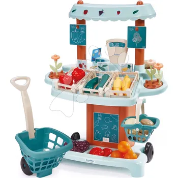 Dětská kuchyňka Zeleninový Bio stánek s vozíkem Organic Market Stall Vert Azur Écoiffier s potravinami 41 doplňků od 18 měsíců