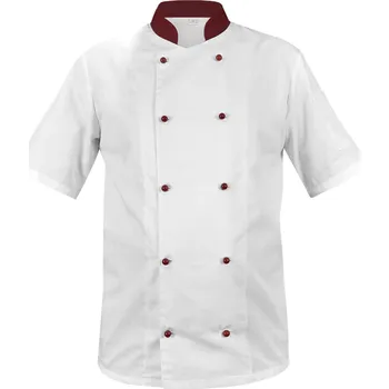 Gastro oděv Bílá pánská kuchařská blůza s bordovým límcem a knoflíky – gastronomický plášť, krátký rukáv (S)