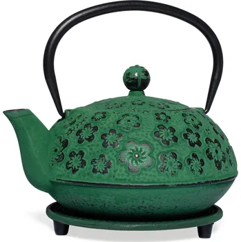 Konvice na čaj Čajová zahrada Japonská litinová konvice Sakura zelená 900ml s podložkou