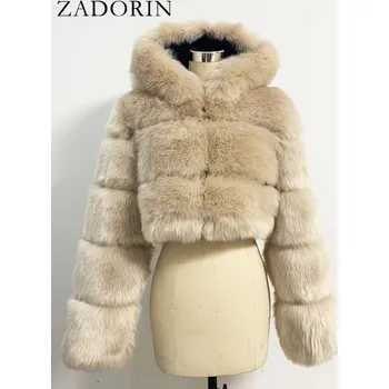 Dámský kožich Crop kožich s kapucí krátká kožešinová bunda Barva: Khaki, Velikost: 3XL