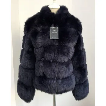 Dámská parka Kožešinová bunda se stojáčkem kožich prošívaný Barva: Tmavě Modrá, Velikost: L