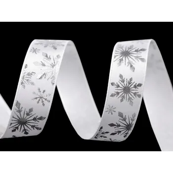 Vánoční saténová stuha vločky šíře 16 mm, barva 1 bílá stříbrná