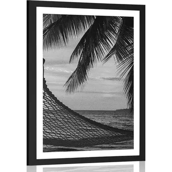 Plakát Dovido Plakát s paspartou houpací síť na pláži v černobílém provedení
