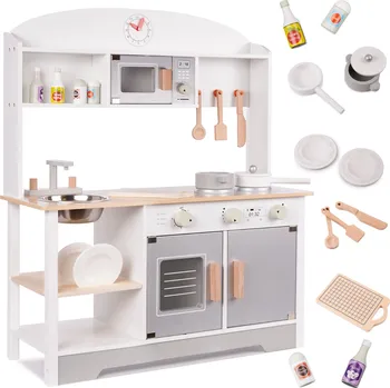 Dětská kuchyňka KiK Dřevěná kuchyňka LED s příslušenstvím 82 cm bílá/šedá