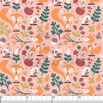 Zakázkový tisk, softshell, kočárkovina... Lišky a jablíčka na růžové Látky k tisku: Microfirba