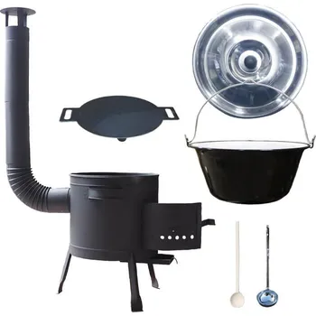 Kempingové nádobí Smaltovaný kotlík 13 L + železná pánev 38 cm UNI + žáruvzdorná kotlina 36 cm PLUS 600