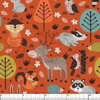 Zakázkový tisk, softshell, kočárkovina... Lesní zvířátka cihlová Látky k tisku: Kočárkovina