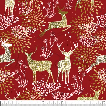 Zakázkový tisk, softshell, kočárkovina... Zlatí jelínci na červené Látky k tisku: Microfirba