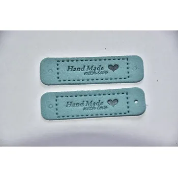 Koženkový štítek Hand made with love 5,5 x 1,5cm tmavý tyrkys